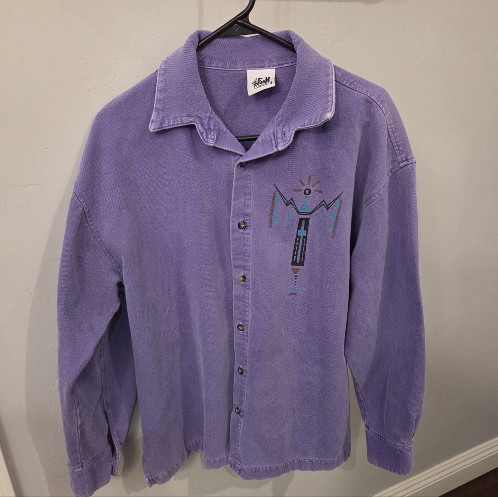 This is a vintage 1990s purple long-sleeved button-up shirt with a southewest De